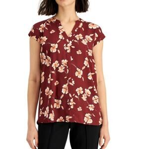 Alfani Mixed Media Cap Sleeve Floral Crimson Blouse Casual Top Red Size XL